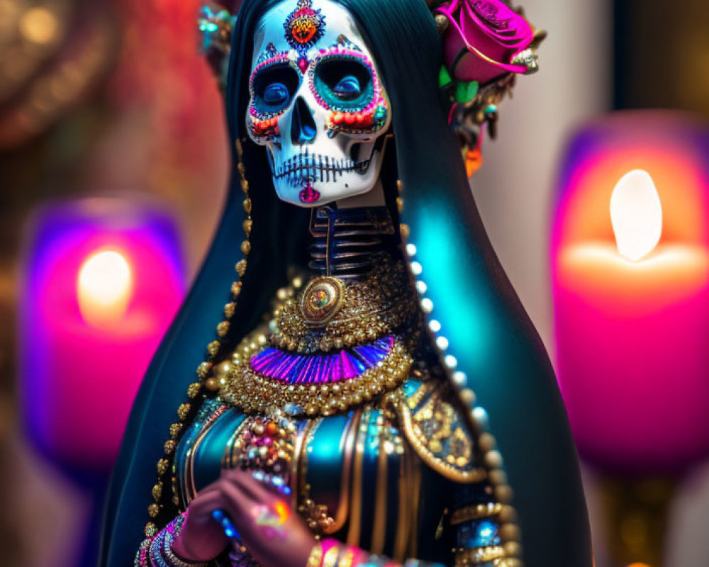 Person with Catrina-inspired skeleton makeup and colorful decorations celebrates Day of the Dead with lit candles