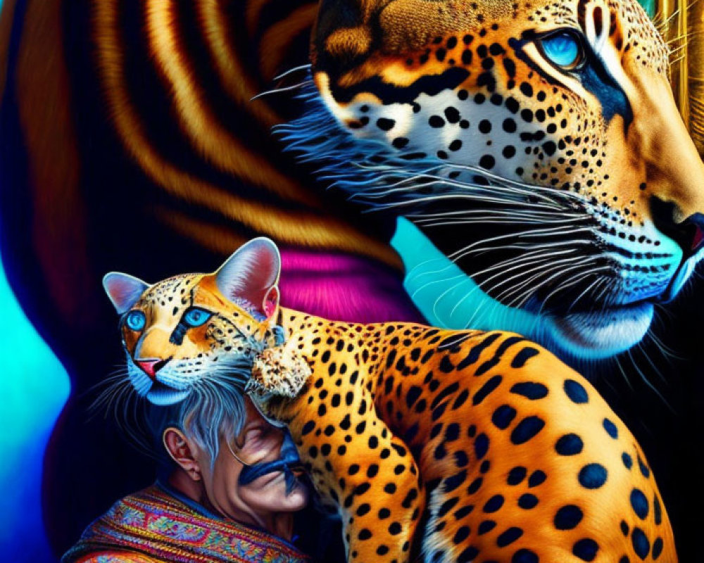 Detailed Illustration of Elderly Person with Tiger and Ocelot