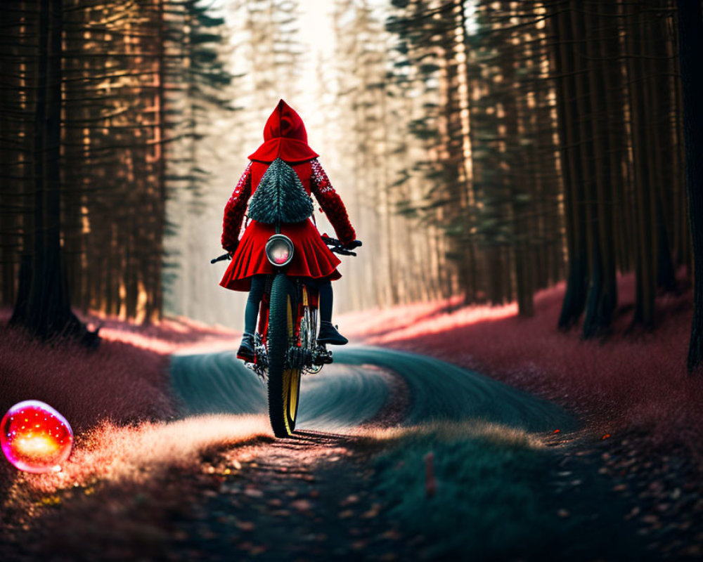 Person in Red Hooded Cloak Riding Motorcycle with Christmas Tree in Mystical Forest