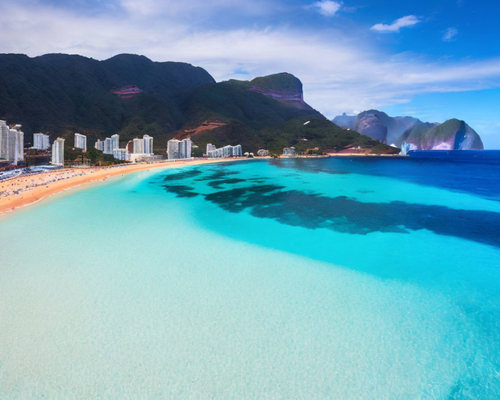 Tropical Beach with Blue Waters, Cityscape, and Mountains