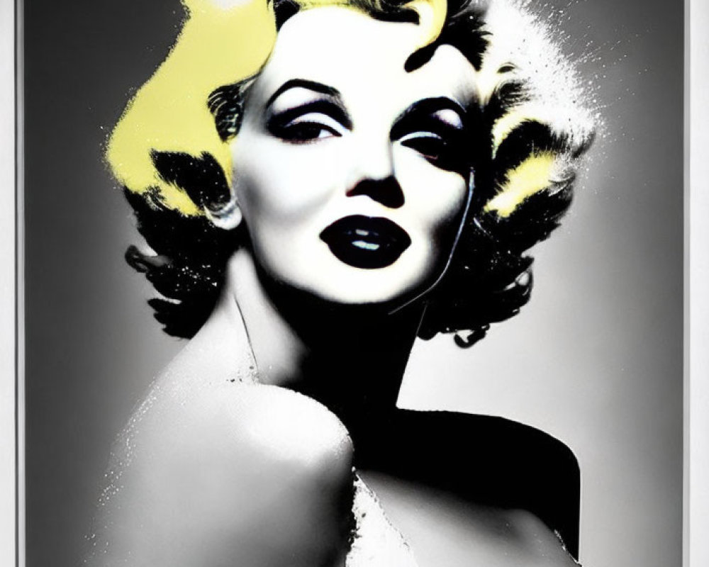 Monochrome pop art portrait of glamorous woman with curly hair and dramatic makeup