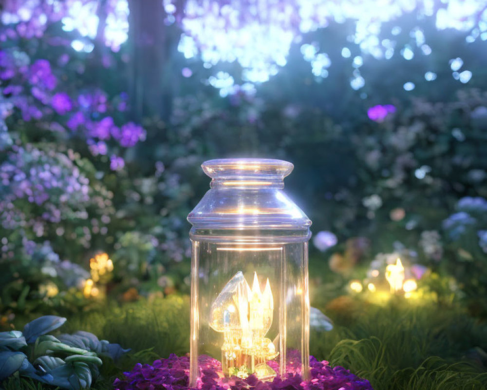 Glowing crystal lantern on purple flowers in magical twilight setting