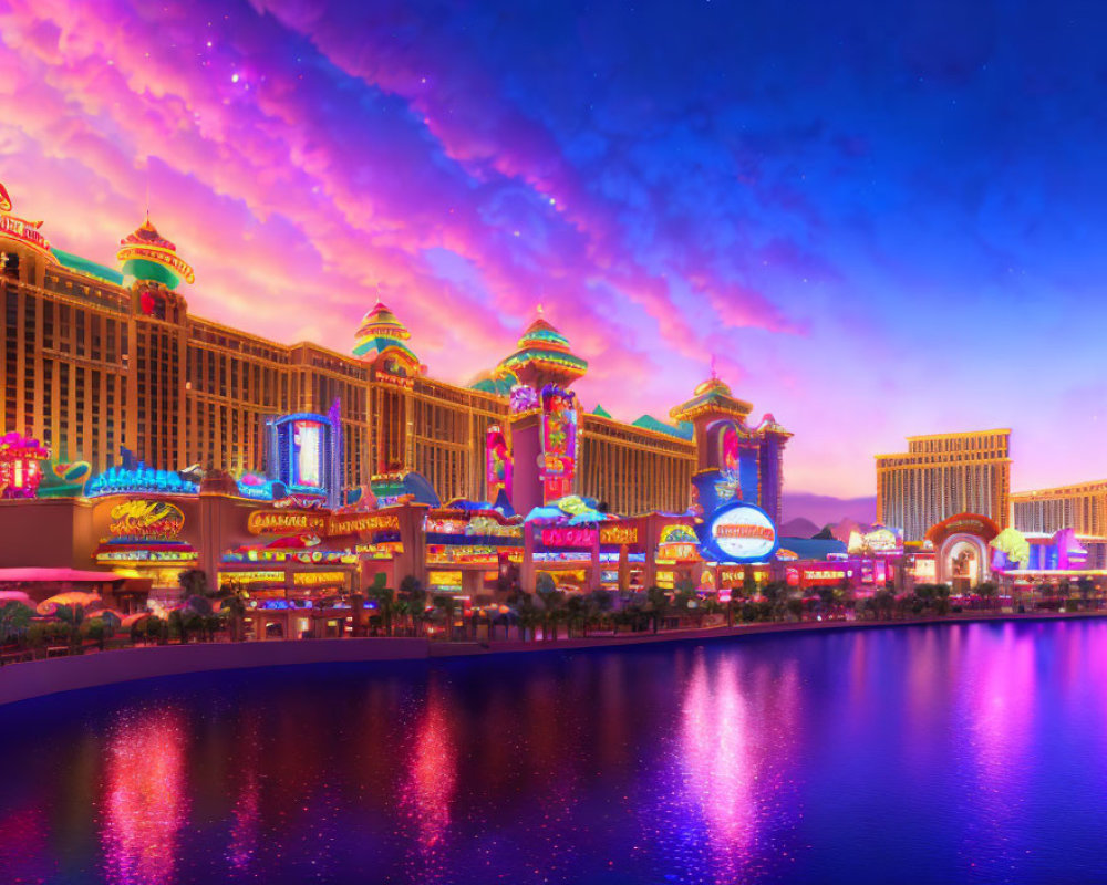 Colorful Las Vegas Skyline Reflecting in Purple Sunset Sky