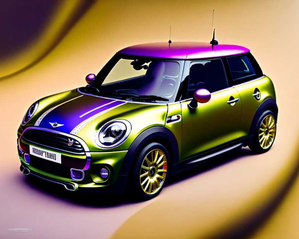 Stylized green Mini Cooper with yellow highlights on purple-tinted background