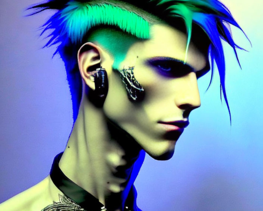 Vibrant green spiked hair, sharp facial features, elaborate makeup, and neck jewelry on blue gradient