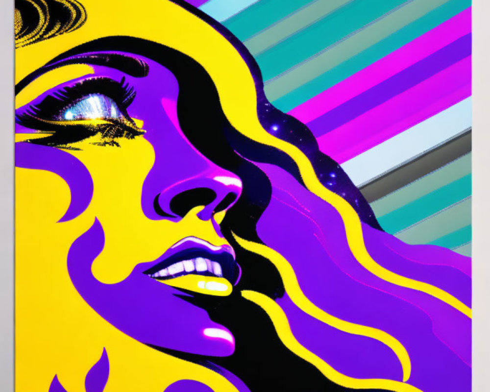 Vibrant Pop Art Portrait of Woman with Purple Hair