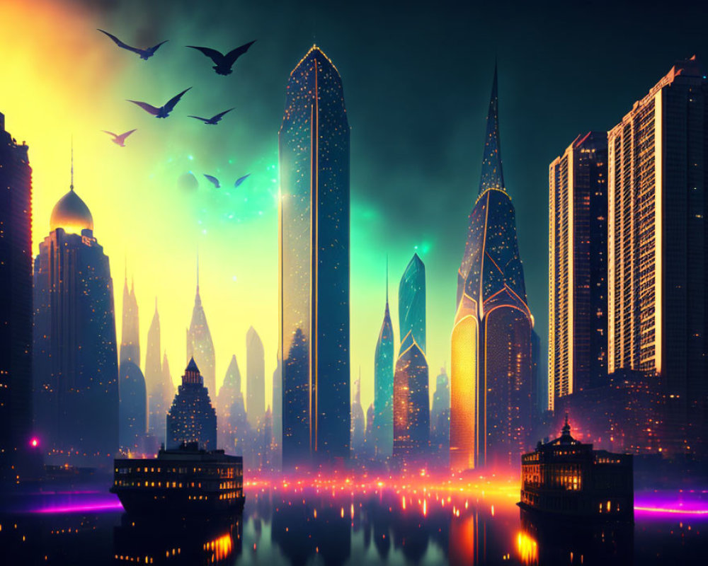 Luminescent skyscrapers in futuristic cityscape at dusk