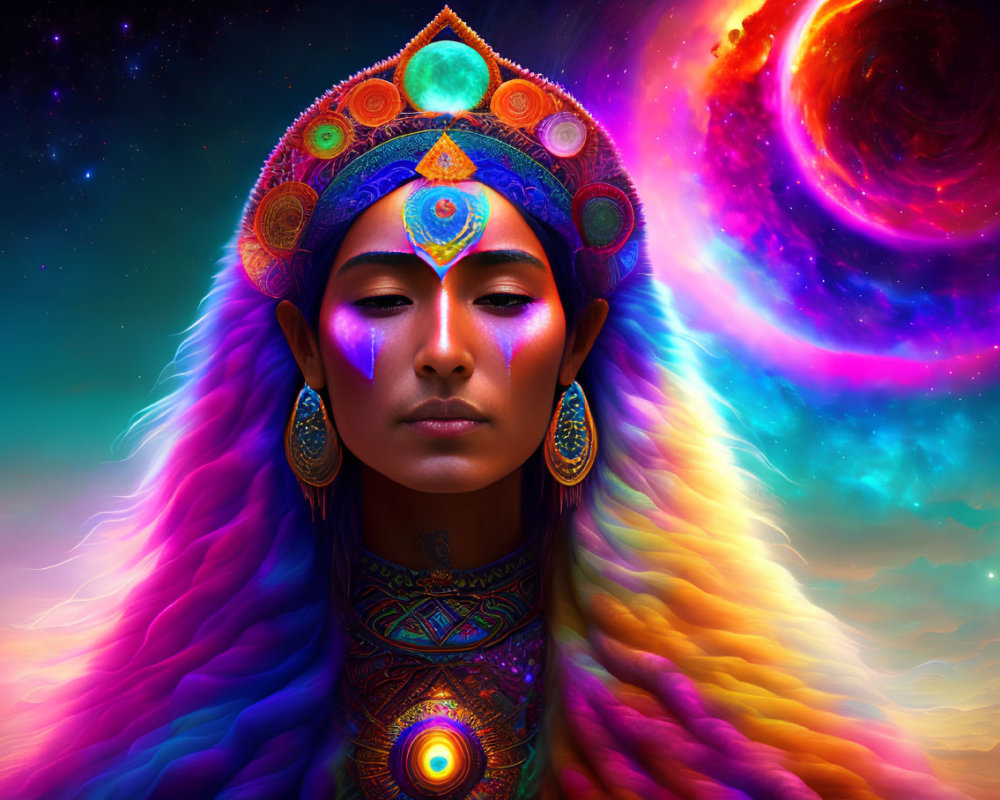 Colorful headdress woman portrait in cosmic setting