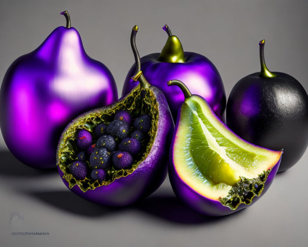 Colorful digital artwork featuring sliced purple fruits and bursting blackberries