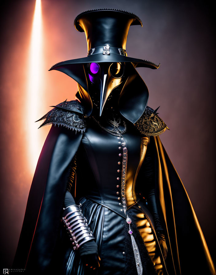 Stylized plague doctor costume with beaked mask, top hat, and cloak