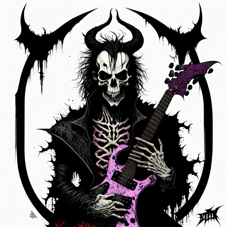 Skeletal Figure with Horns Playing Electric Guitar in Thorny Circle