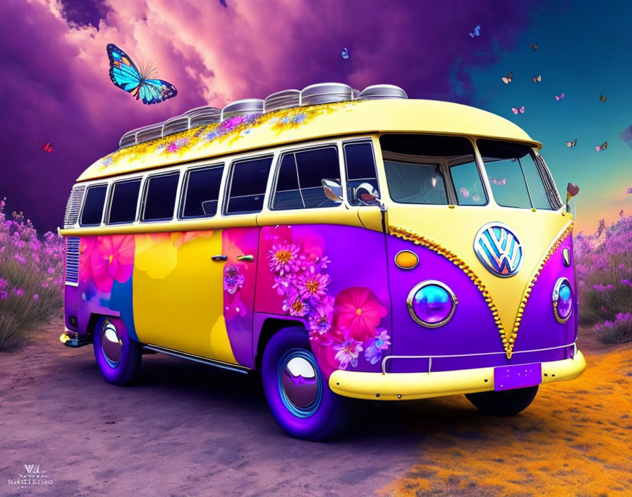 Vintage VW Bus with Floral Designs on Purple and Gold Background