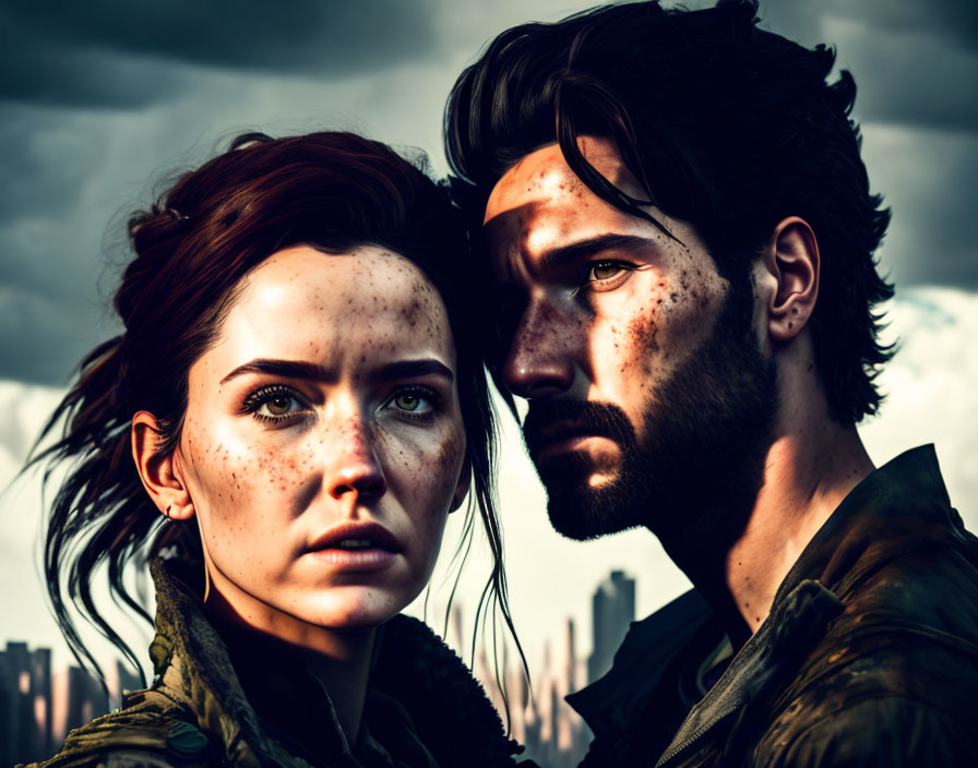 Intense man and woman with striking green eyes and rugged features stand close together