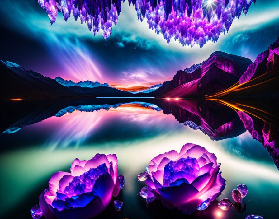 Digitally altered landscape with neon flowers, mirrored lake, amethyst-like stalactites, and colorful