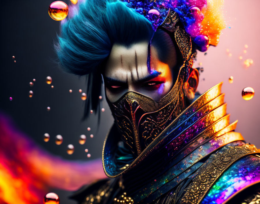 Colorful Image: Person with Blue Hair and Golden Armor surrounded by Orbs