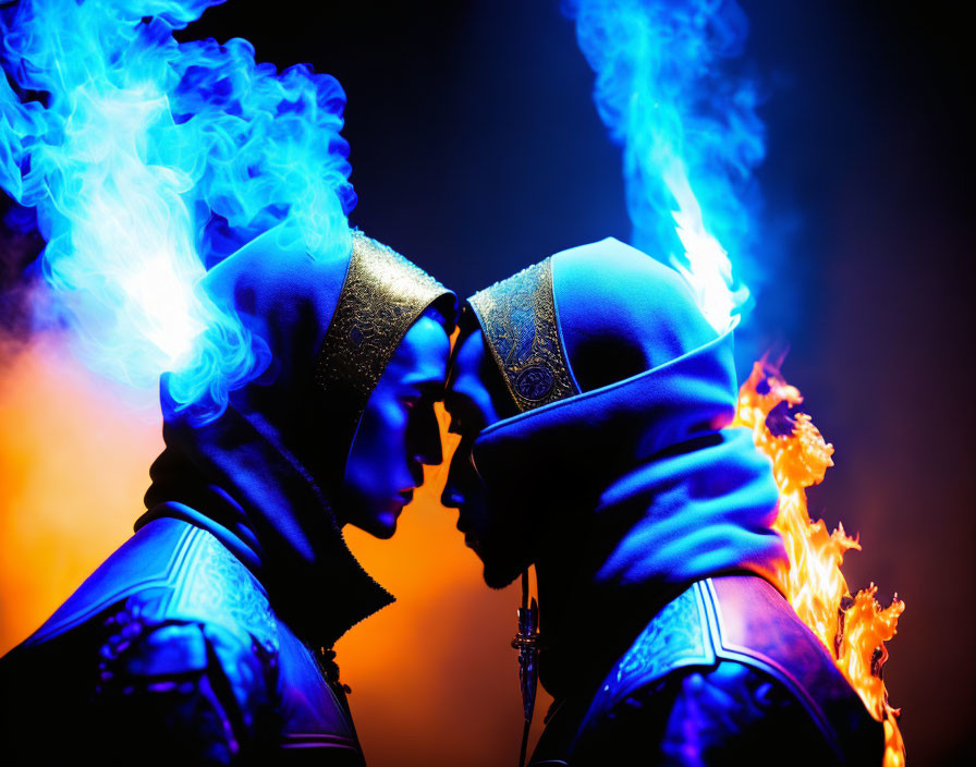 Futuristic costumes with blue and orange illuminated smoke swirling around mirrored poses