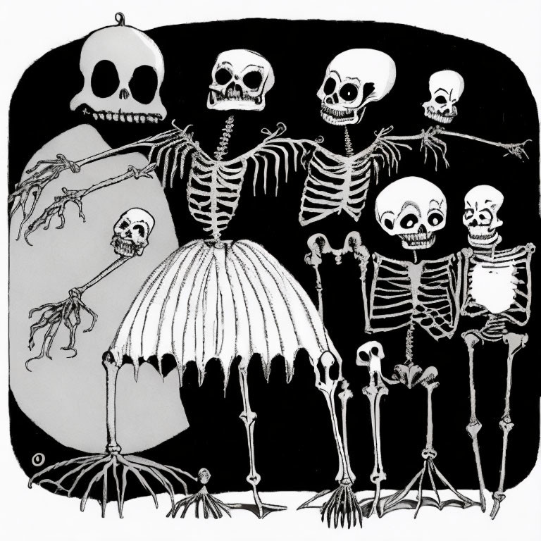 Whimsical Smiling Skeletons Illustration on Dark Background