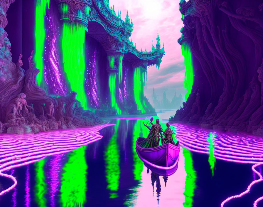 Fantastical river journey with glowing green lights, purple hues, ornate bridges, mysterious cliffs,