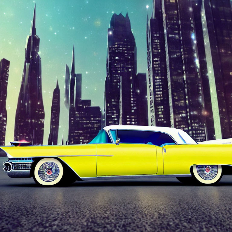 Vintage Yellow Car with Fins and City Skyline at Dusk