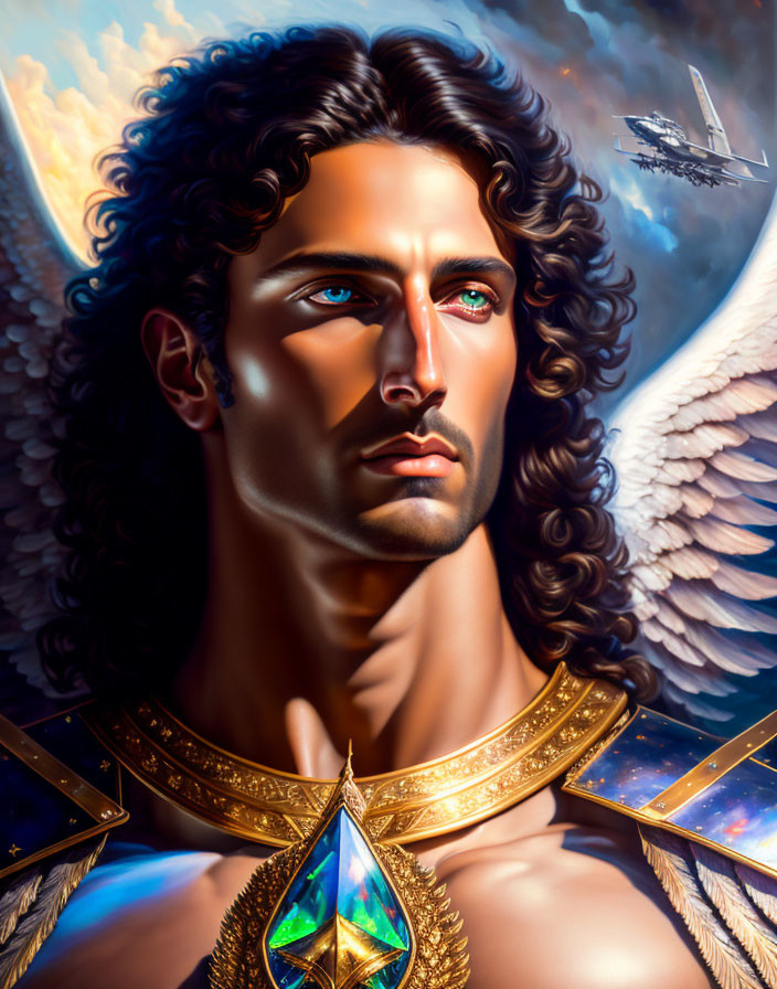 Illustrated portrait of a man with angel wings, blue eyes, curly hair, golden armor, gem