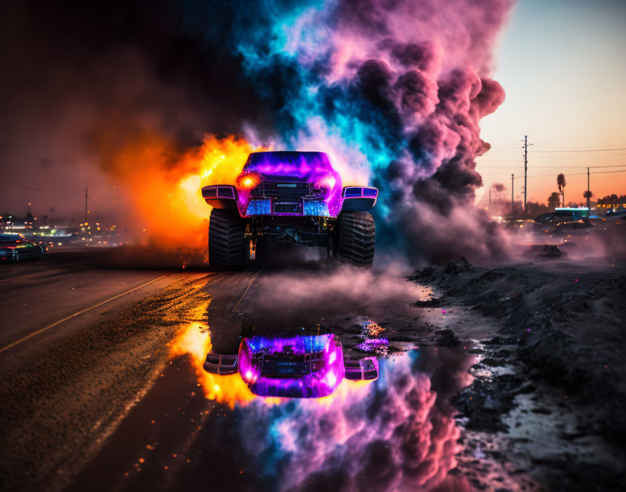 Vibrant pink and blue smoke from monster truck on wet asphalt