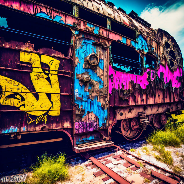 Graffiti-covered abandoned train carriage on rusty tracks under cloud-streaked sky