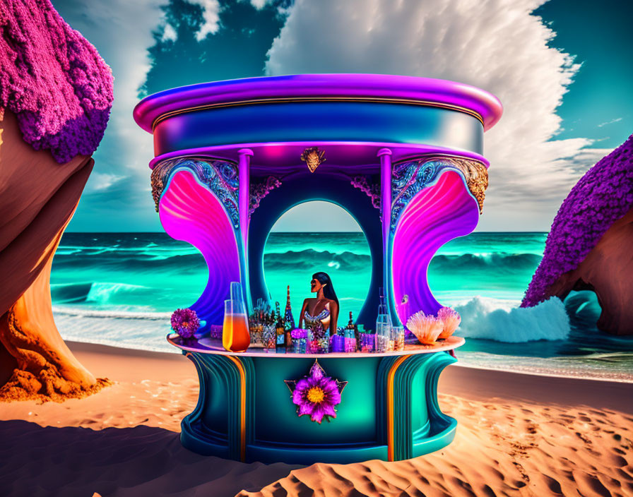 Surreal neon beach bar with oversized pink flora and ocean waves