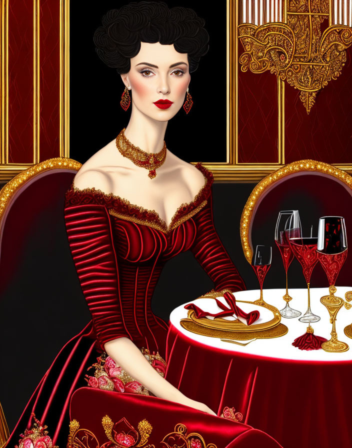 Illustration of elegant woman in red vintage dress at luxurious table