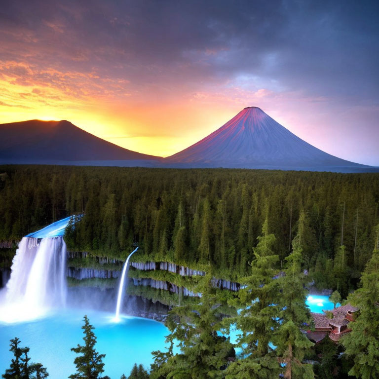 Symmetrical volcanic cone sunset view with cascading waterfall