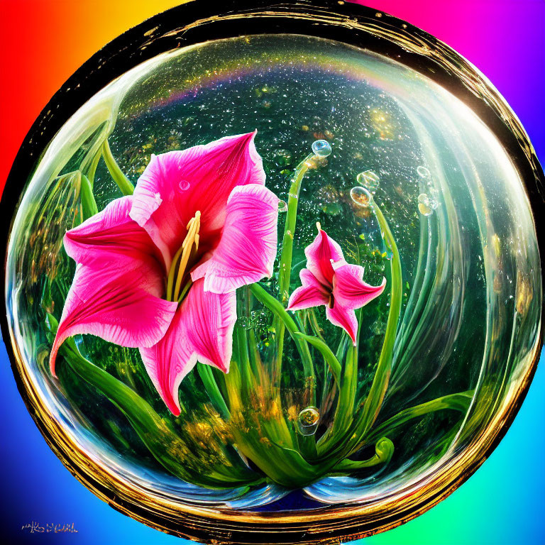 Pink lily flowers in transparent bubble on rainbow backdrop