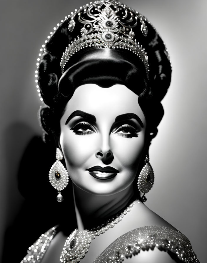 Grayscale portrait of glamorous woman with tiara, jewelry, and vintage Hollywood allure