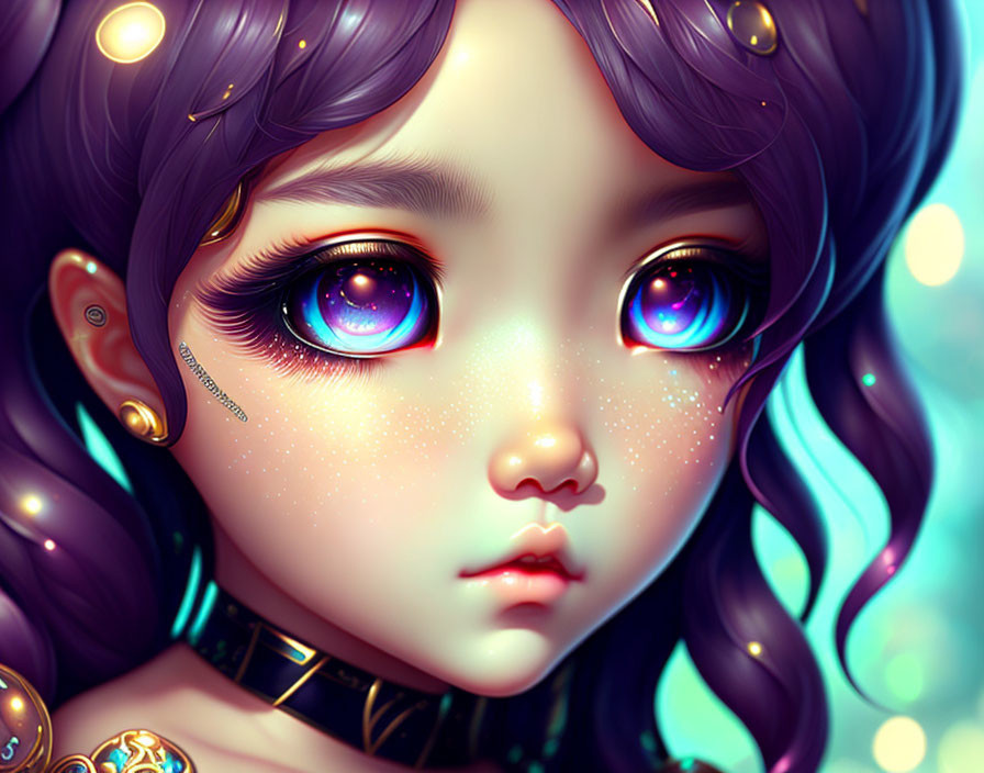 Illustrated portrait of girl with large purple eyes, wavy hair, and mystical theme