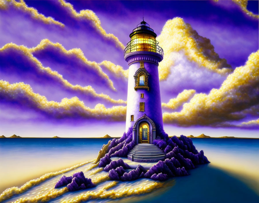 Surreal lighthouse on islet with glowing beacon in twilight landscape