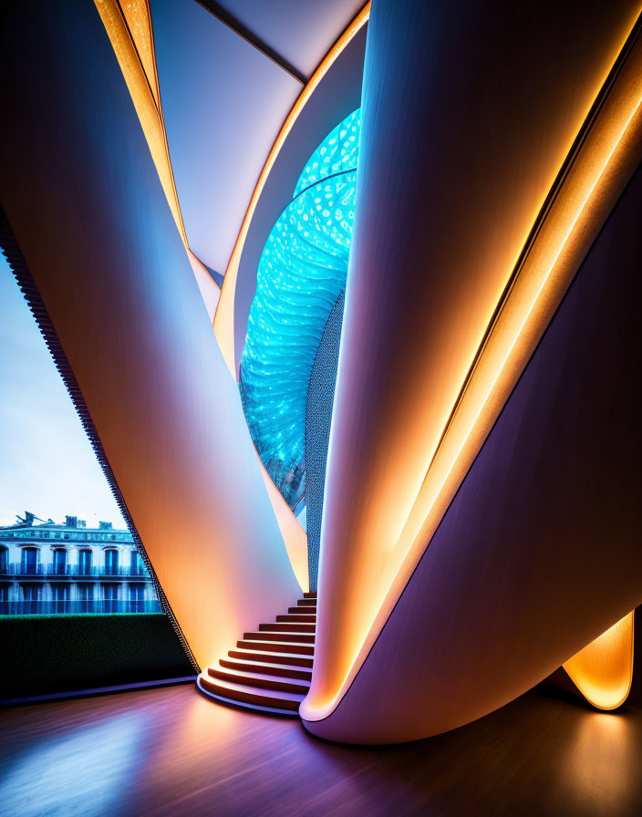 Geometric shapes in futuristic interior with spiral staircase and blue-lit structure