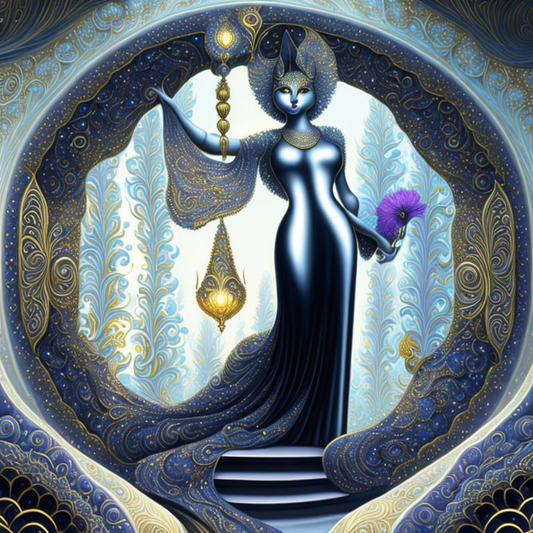 Blue-skinned woman with multiple arms holding a lamp and flower in intricate gold and blue setting