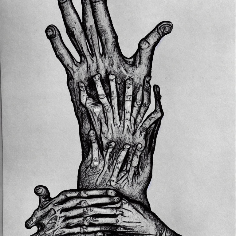 Detailed surreal graphite drawing of a multi-layered hand with disjoined fingers