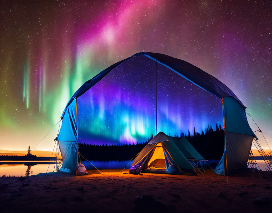 Vibrant aurora borealis lights up tent by serene lakeside