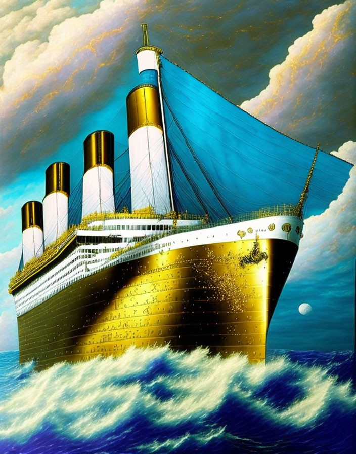 Colorful painting of iconic ocean liner with golden-yellow funnels against sky blue sea.