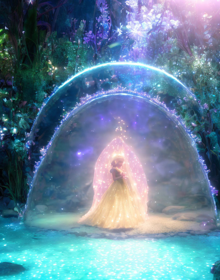 Figure in glowing yellow gown under illuminated floral archway in blue-lit forest.