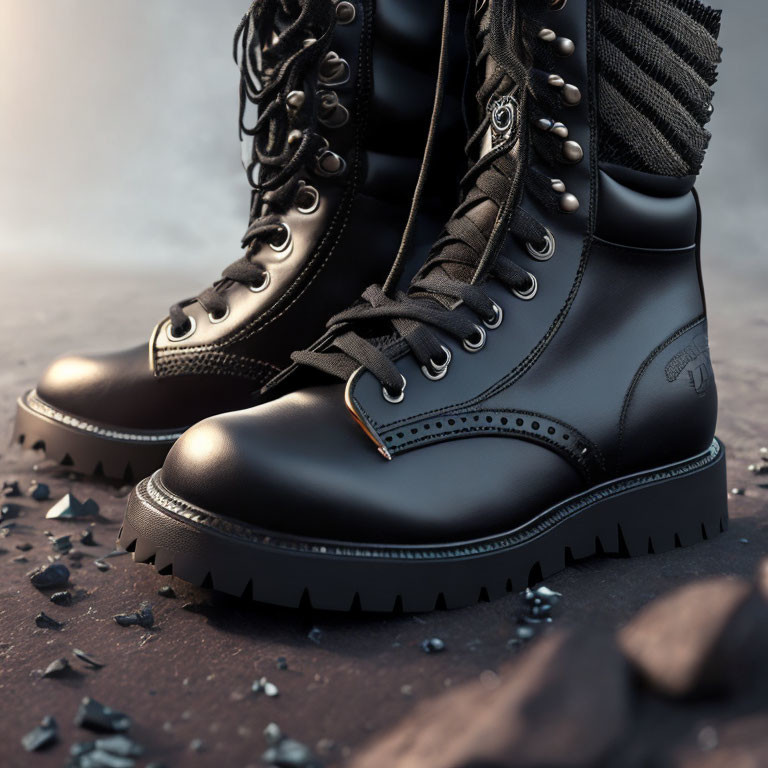 Black lace-up boots with rugged soles and logo imprint: Detailed close-up