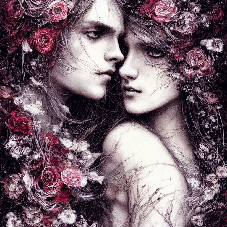 Illustrated figures in floral crowns embrace among roses and thorns