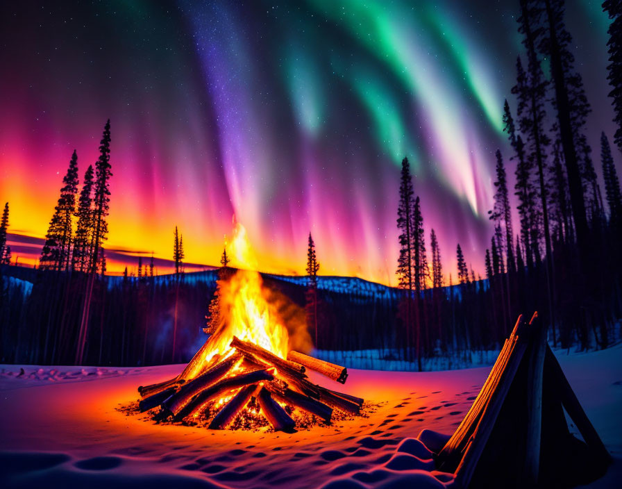 Northern Lights Shine Over Snowy Campfire and Pine Trees