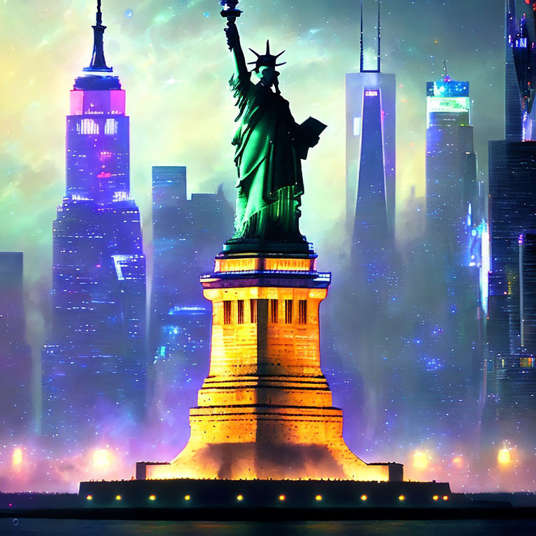 Iconic Statue of Liberty illuminated at night with city skyline and starry sky