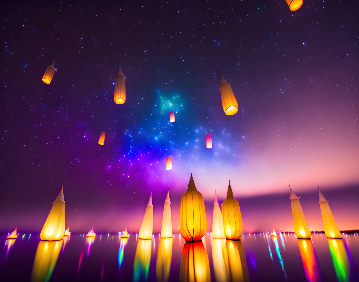 Tranquil water surface with floating lanterns under vibrant starry sky