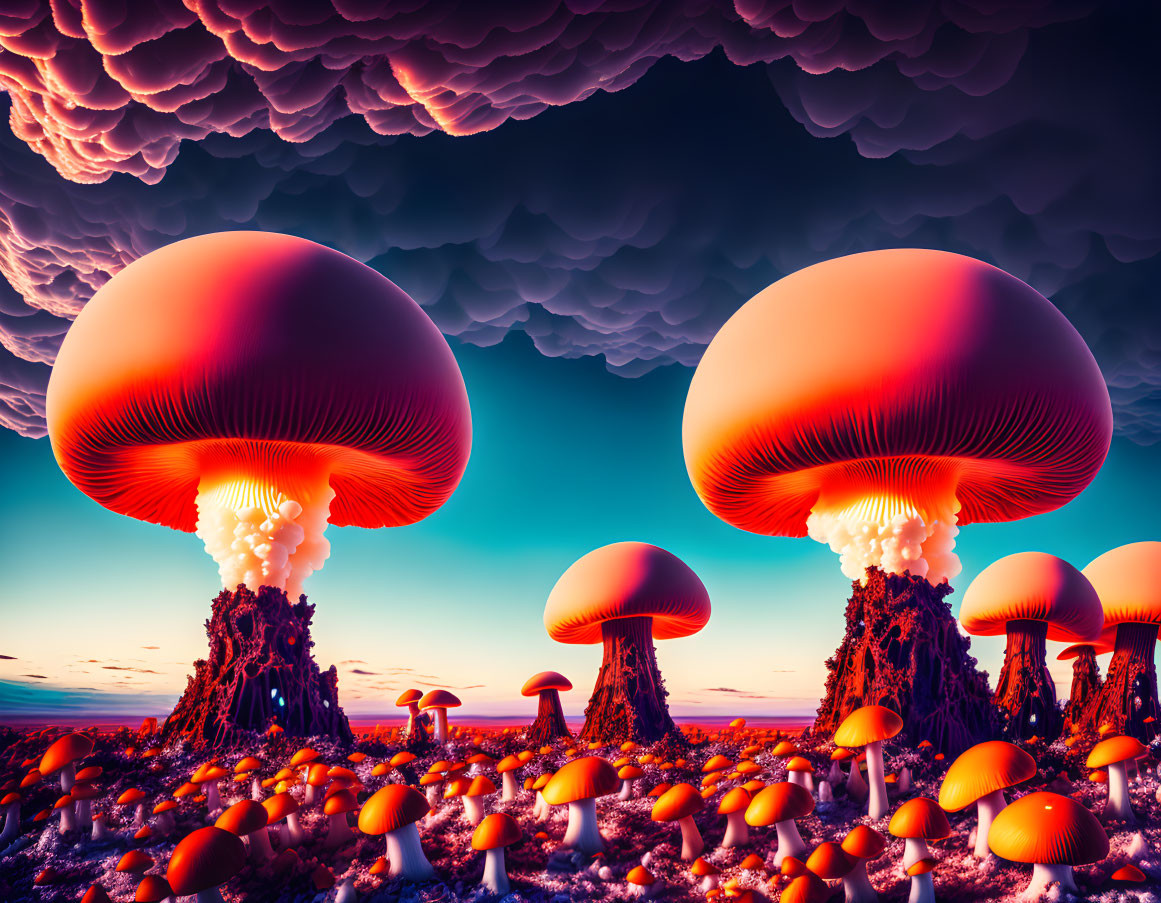 Surreal landscape: Giant mushroom structures under dramatic sunset sky