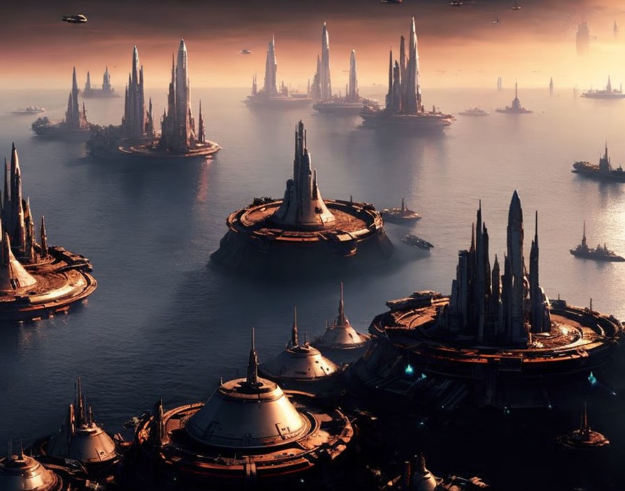 Futuristic cityscape with tall spires and water under hazy orange sky