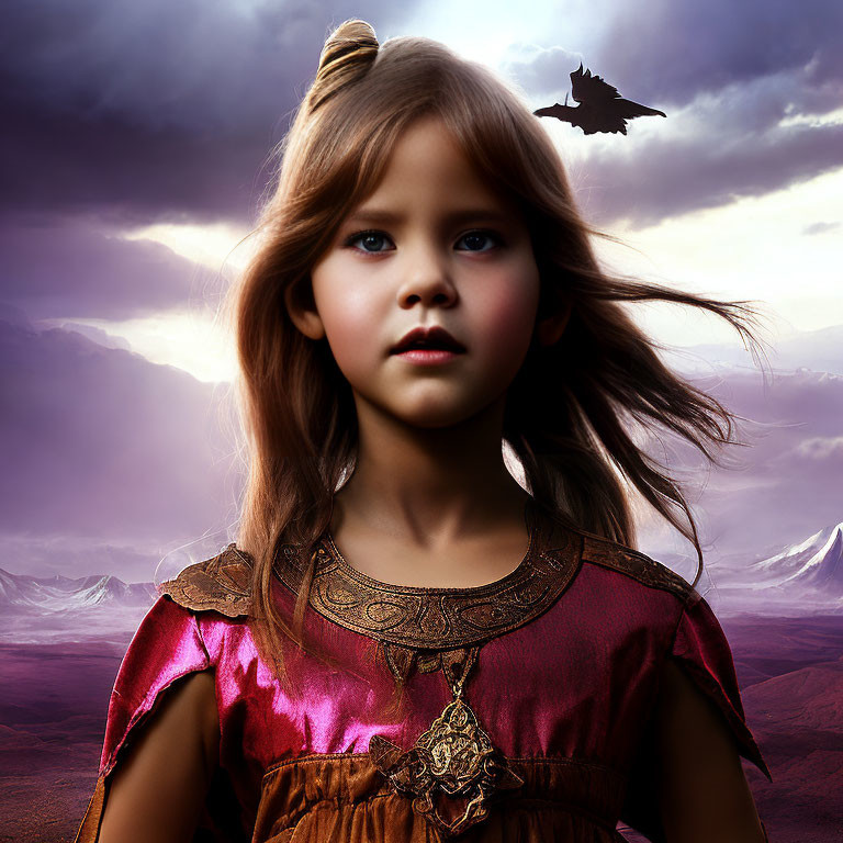 Young girl with blue eyes in red medieval dress under dramatic sky