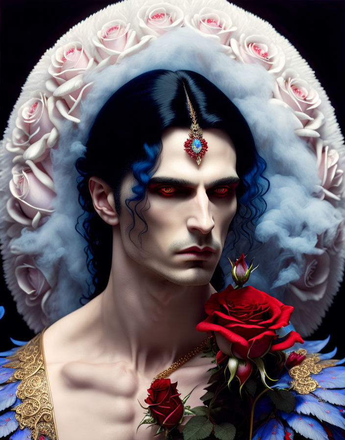 Portrait of man with dark hair, gem on forehead, surrounded by roses, holding red rose in blue