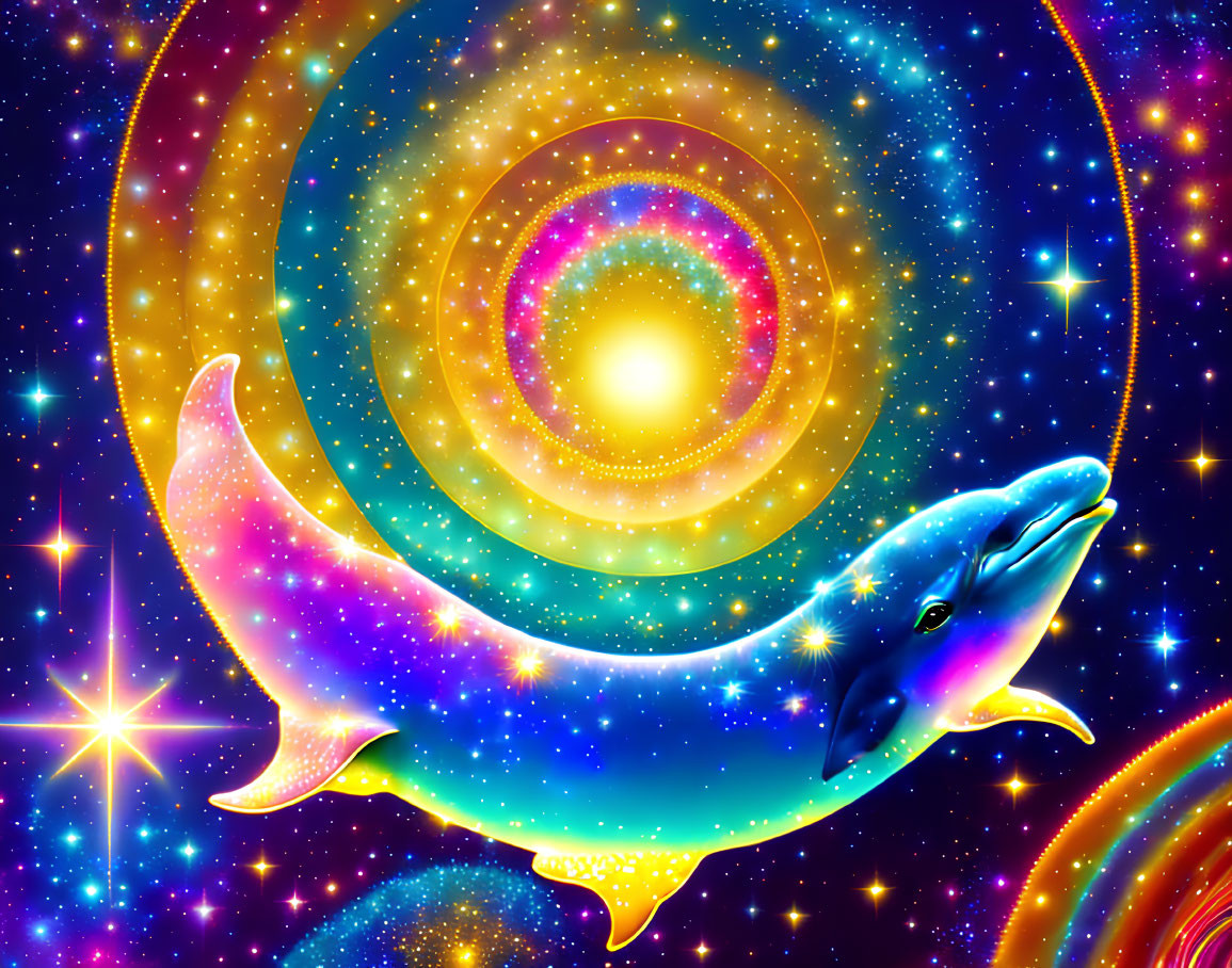 Colorful cosmic dolphin in nebula galaxy scene