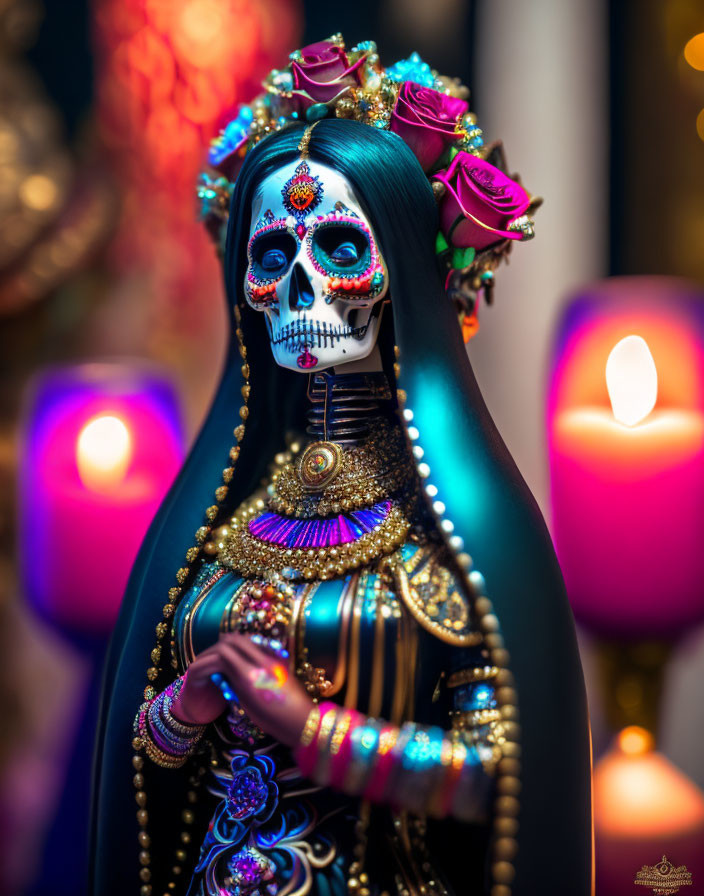 Person with Catrina-inspired skeleton makeup and colorful decorations celebrates Day of the Dead with lit candles